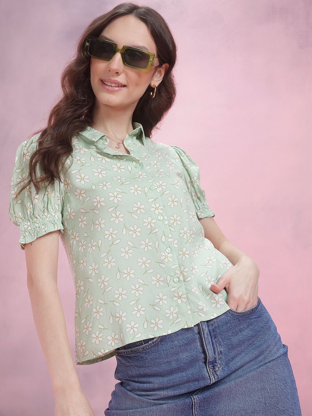 

DressBerry Floral Print Puff Sleeve Shirt Style Top, Green