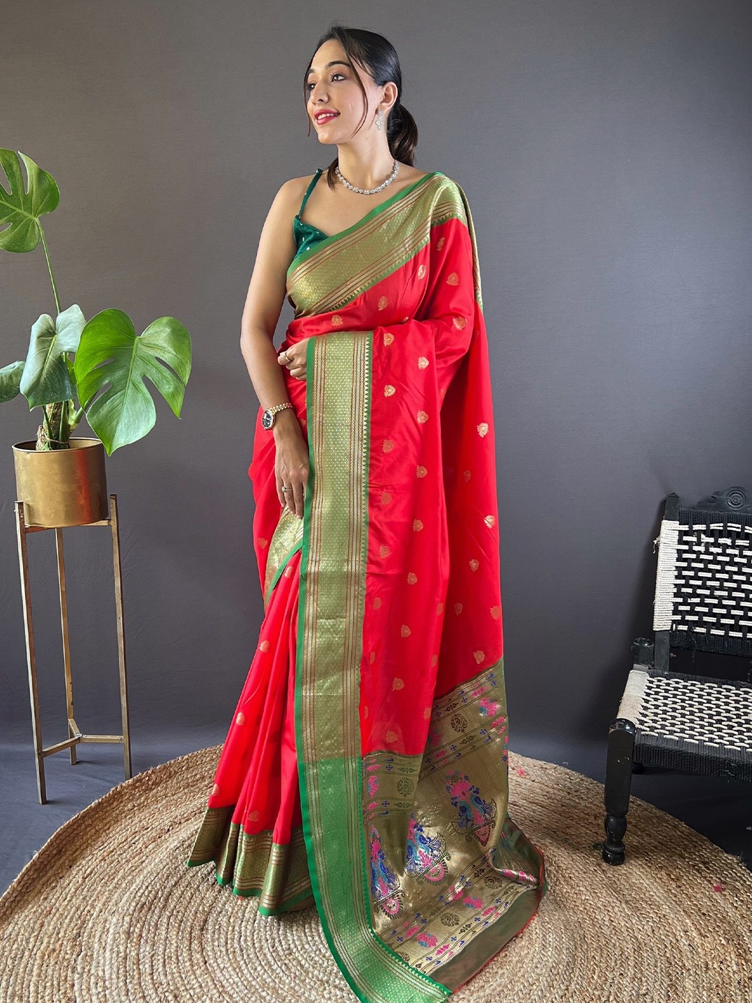 

RAJ DHARMA SILK Ethnic Motifs Woven Design Zari Banarasi Saree, Red