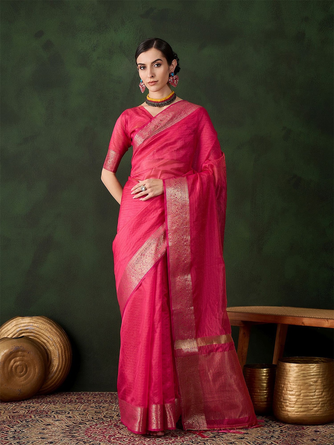 

MANVAA Woven Design Zari Organza Saree, Red