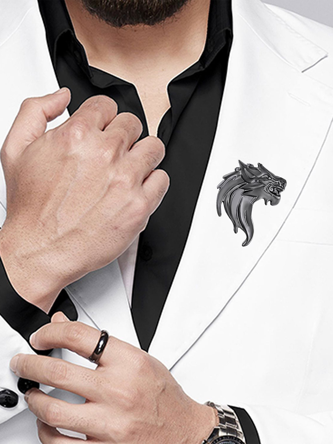

Mahi Men Lion-Design Lapel Pin Brooch, Black