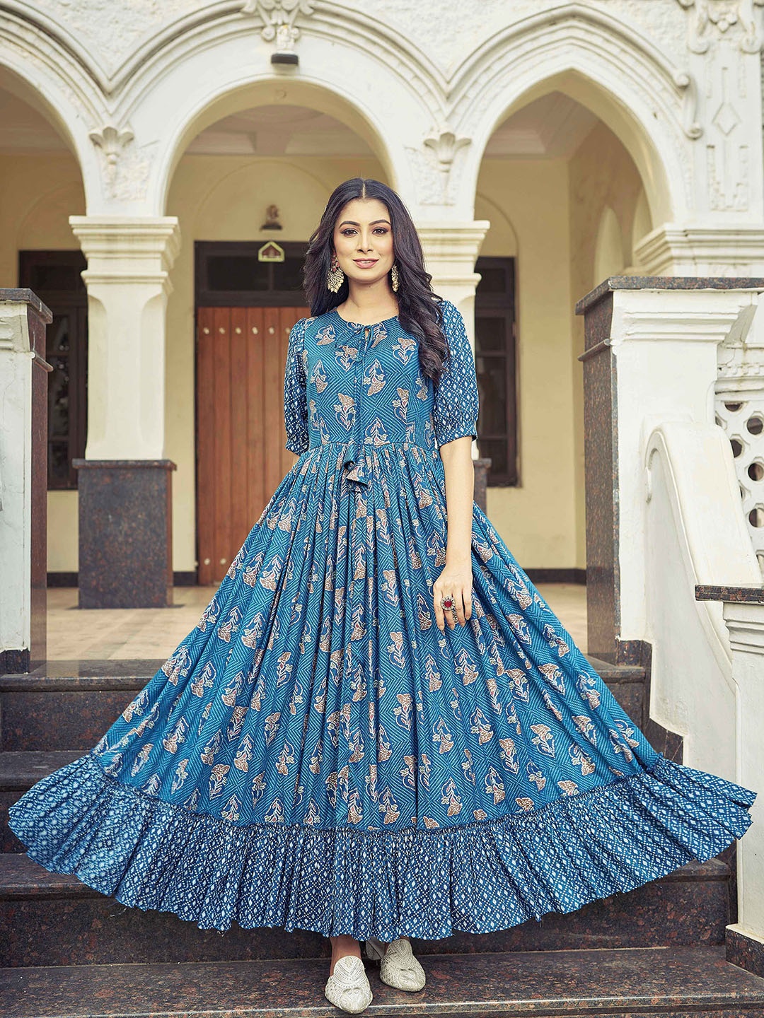 

Chandbaali Women Floral Printed Fit & Flared Maxi Ethnic Dress, Blue