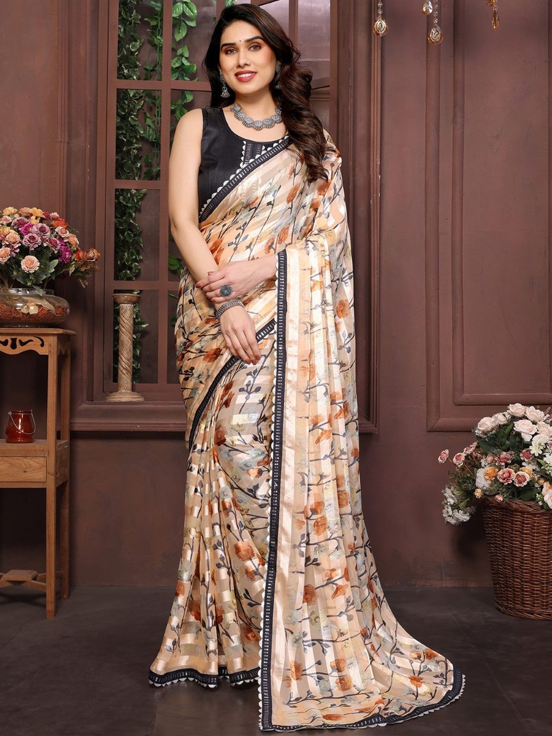 

KALINI Floral Printed Sequinned Satin Saree, Orange