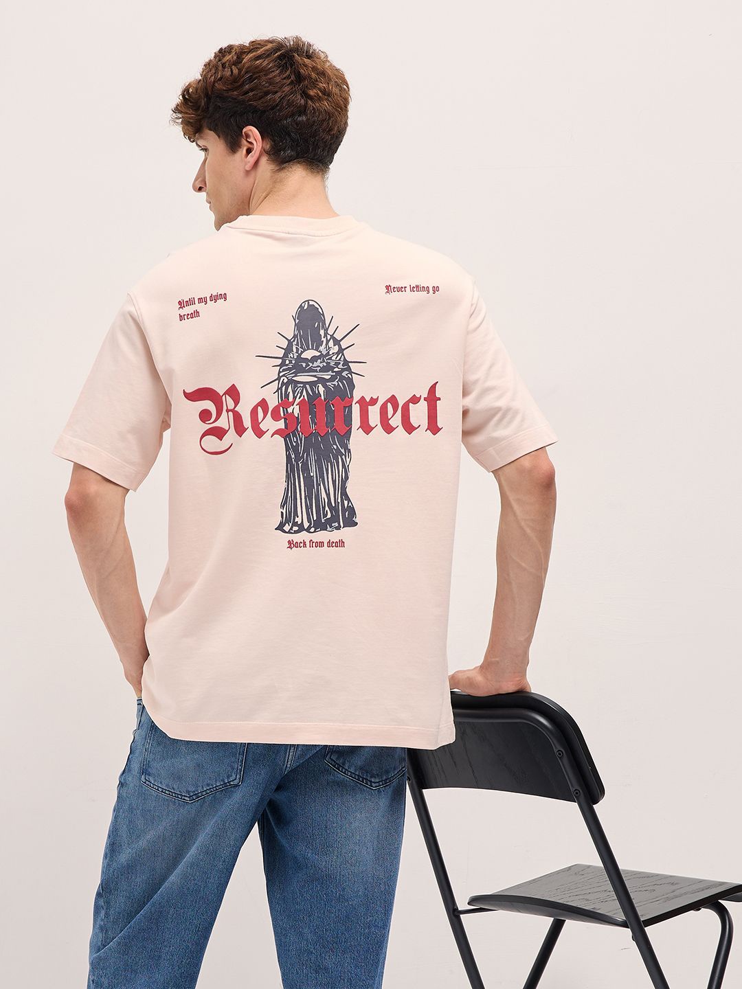 

THE BEAR HOUSE Men Graphic Printed Round Neck Cotton Oversized T-shirt, Peach