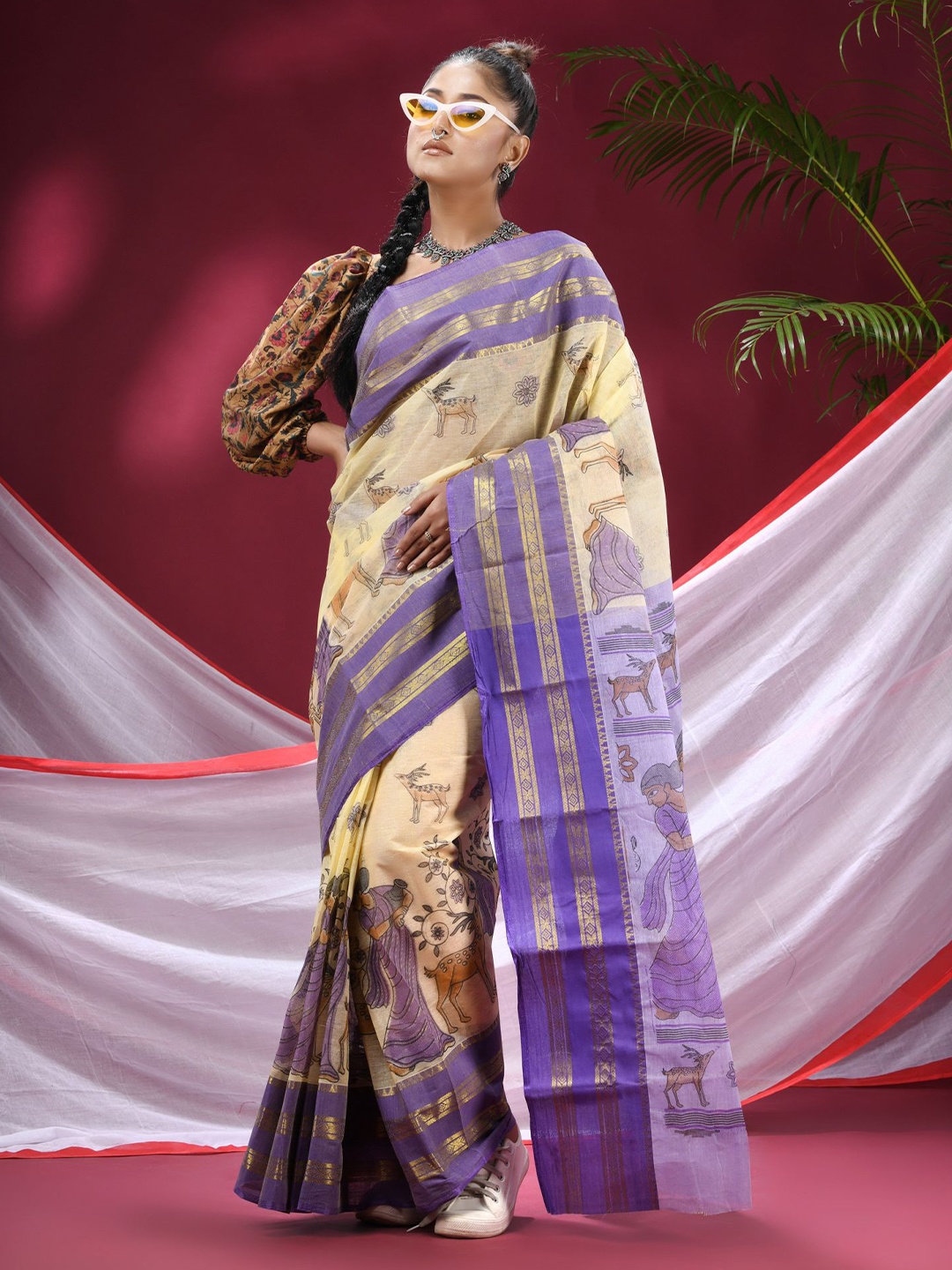

TANTLOOM Woven Design Pure Cotton Taant Saree, Purple