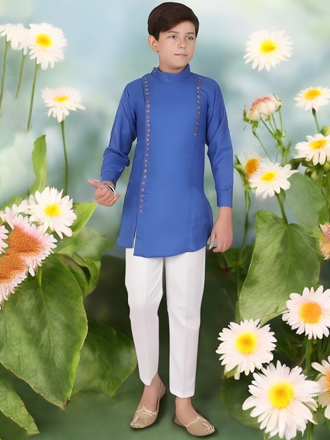 

Qtsy Boys Band Collar Pure Cotton Straight Kurta With Pyjamas, Blue