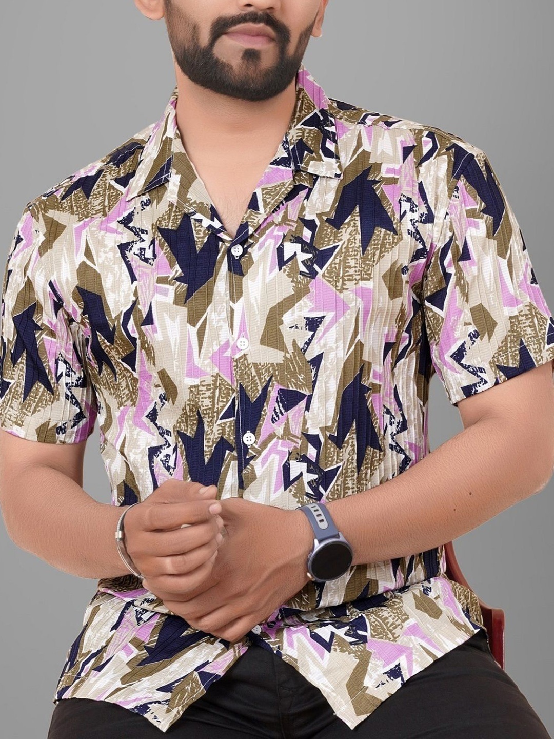 

Metronaut Men Floral Semi Sheer Printed Casual Shirt, Khaki