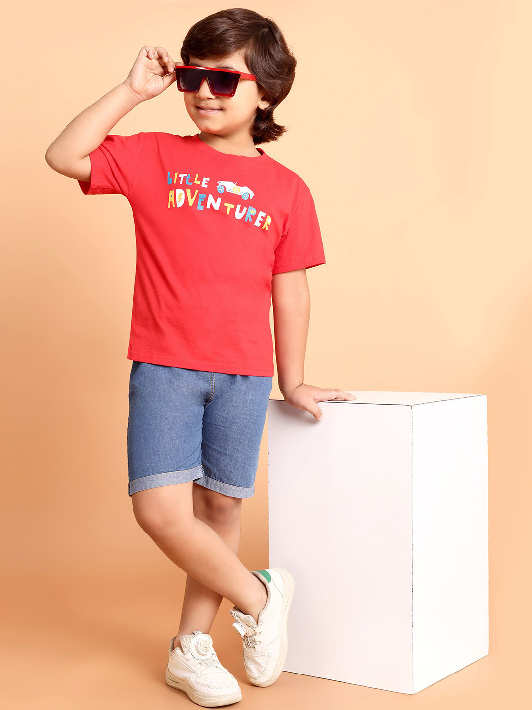 

HERE&NOW Boys Printed Round Neck Pure Cotton T-Shirt With Shorts, Red