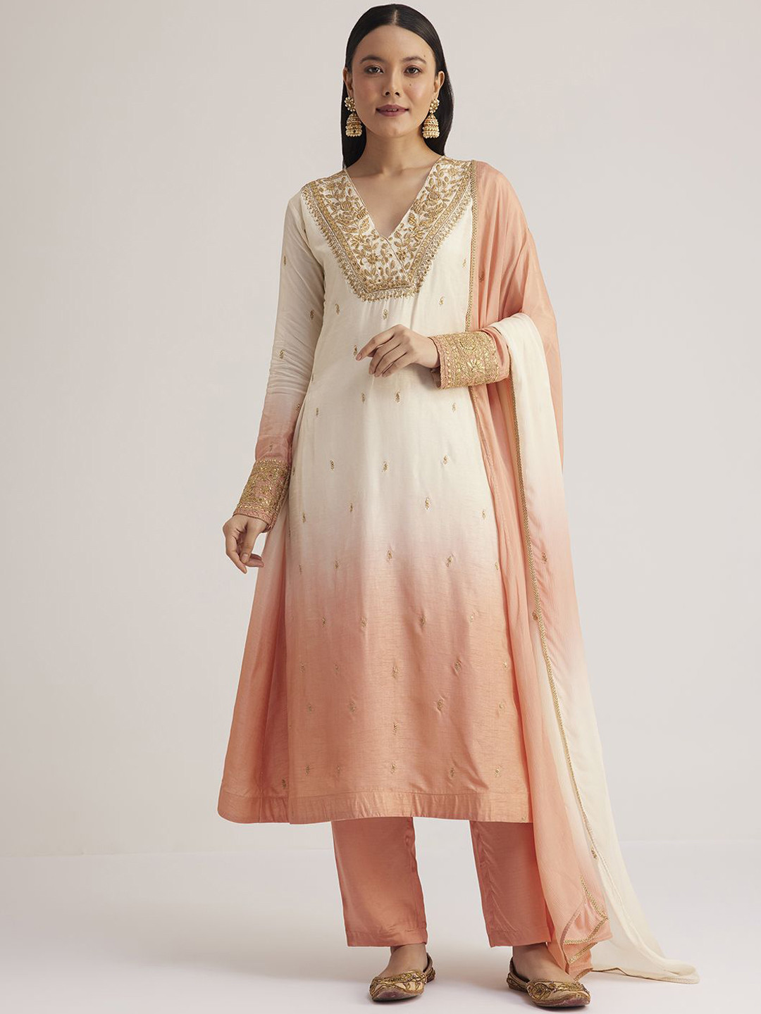 

KALKI Floral Embroidered Thread Work Straight Kurta With Trousers And Dupatta, Peach