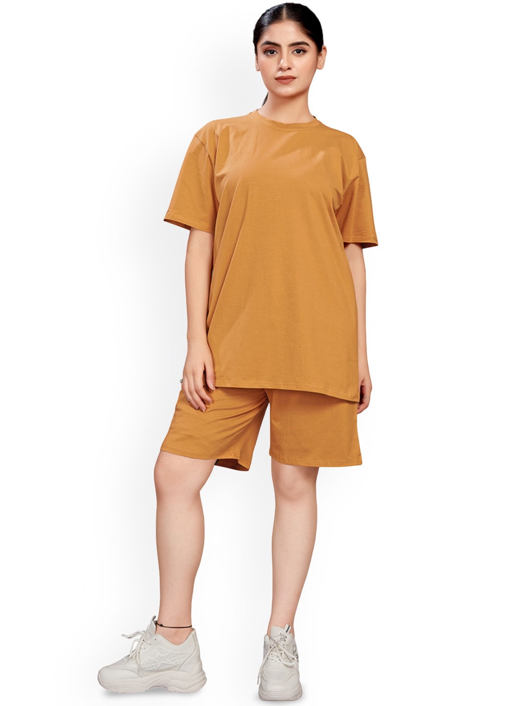 

ELLITI Pure Cotton Round Neck Half Sleeves T-shirt With Shorts Co-Ords, Camel brown