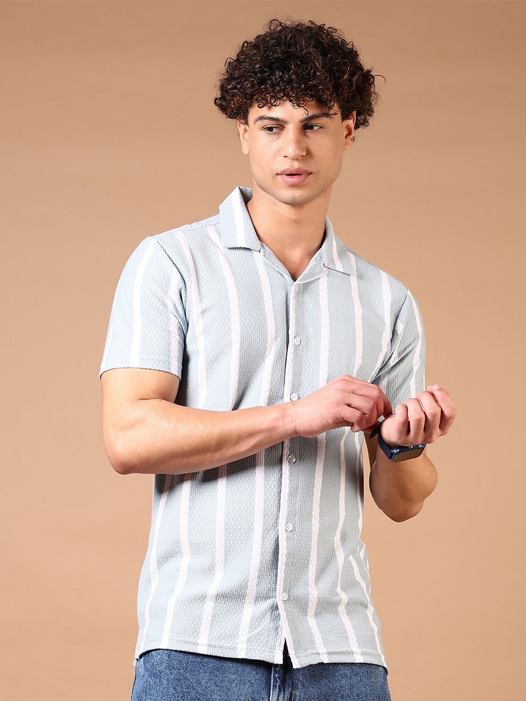 

V-Mart Men Cuban Collar Vertical Striped Cotton Casual Shirt, Blue