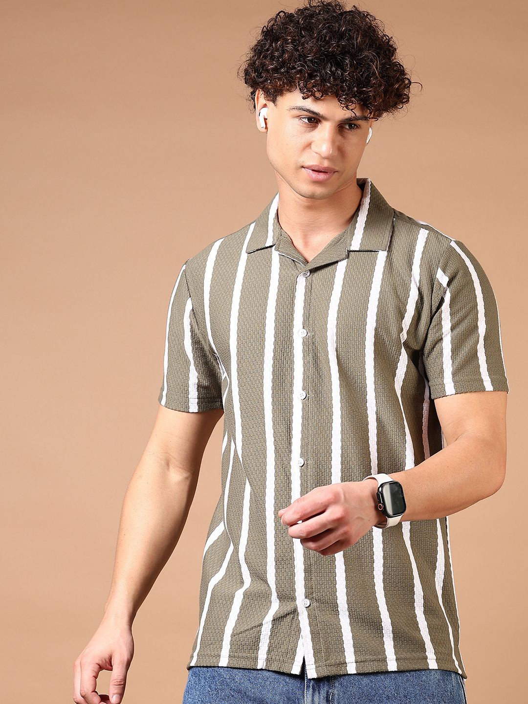 

V-Mart Men Cuban Collar Vertical Striped Cotton Casual Shirt, Olive
