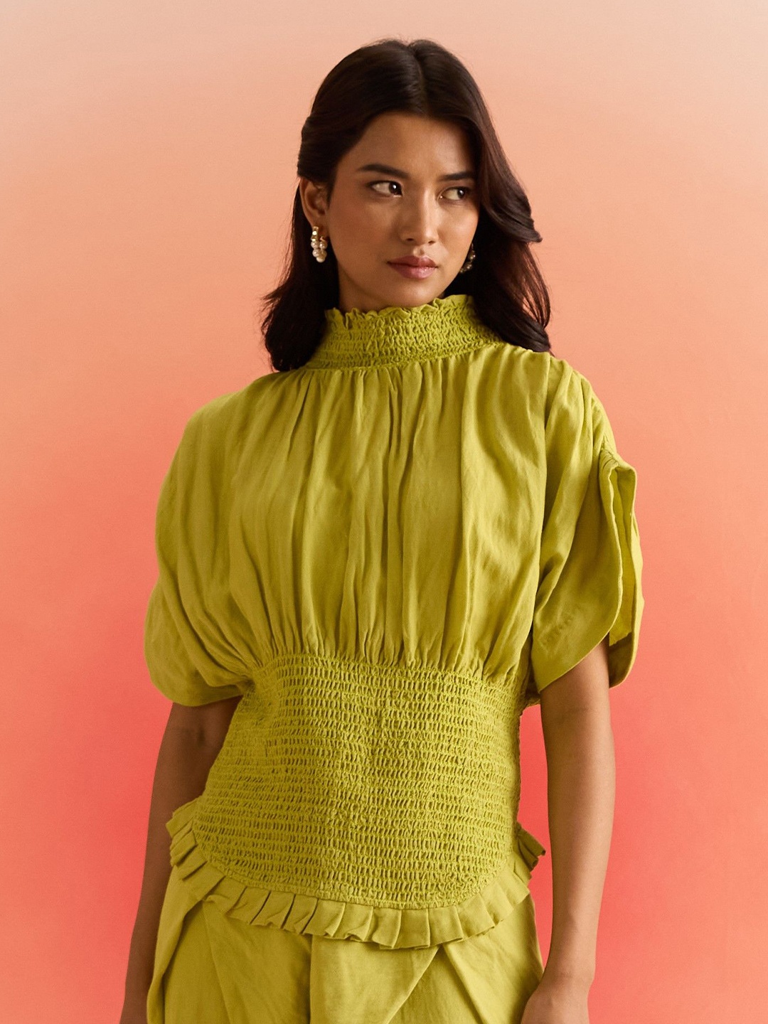 

Western Era Women High Neck Kimono Sleeve Top, Green