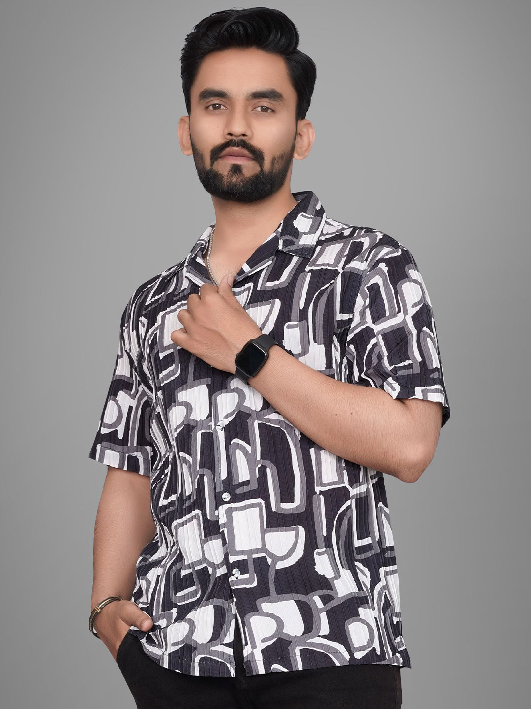 

Metronaut Men Regular Fit Cuban Collar Abstract Printed Casual Shirt, Black
