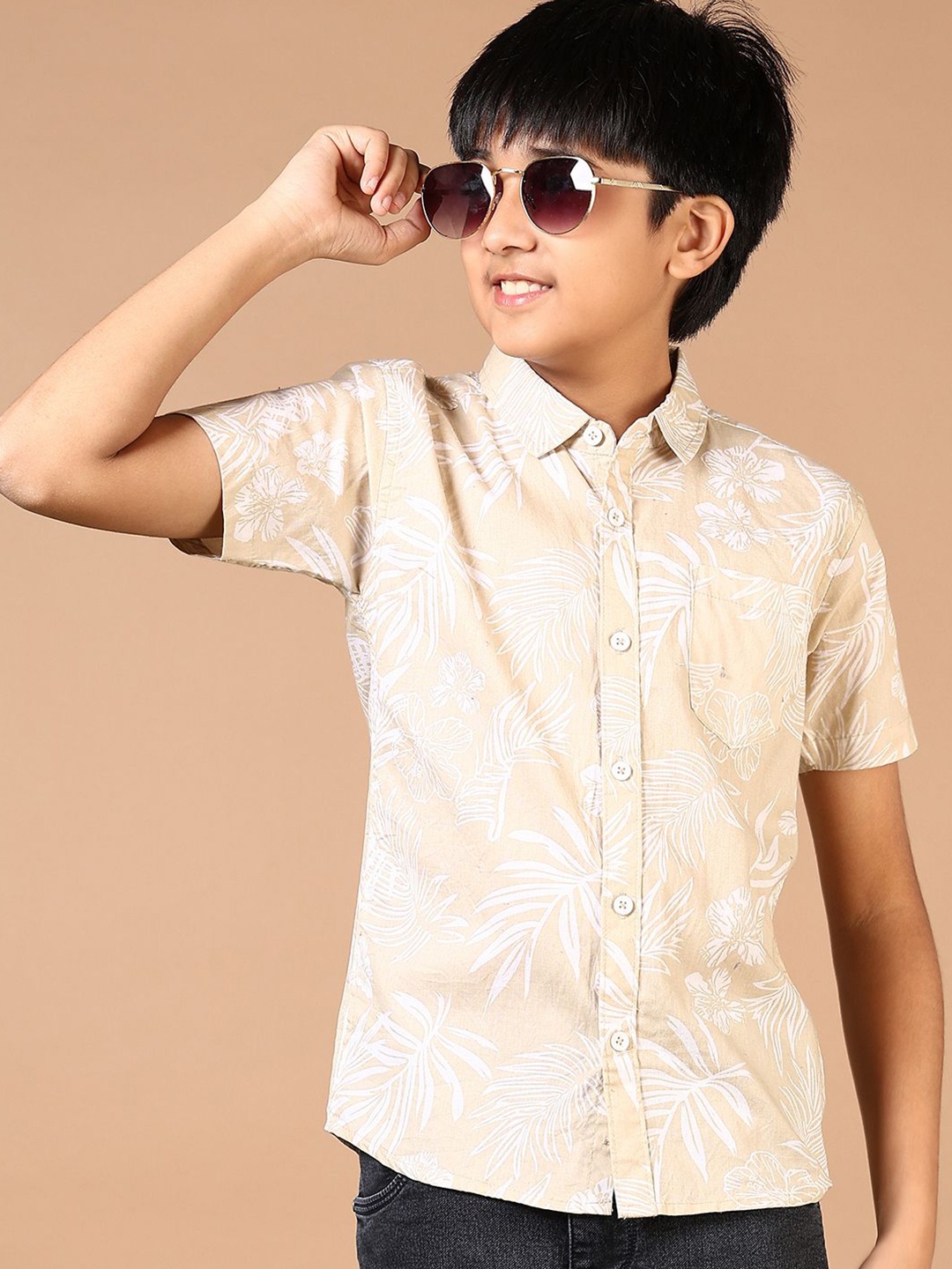 

V-Mart Boys Spread Collar Floral Printed Cotton Casual Shirt, Beige