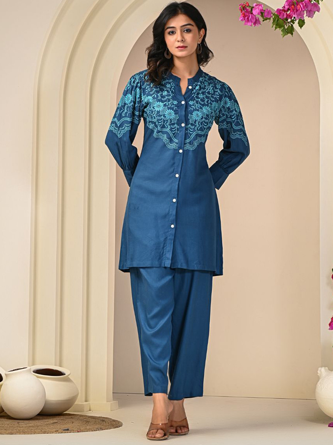 

Zolo Label Floral Embroidered Tunic With Trouser Co-Ords Set, Turquoise blue