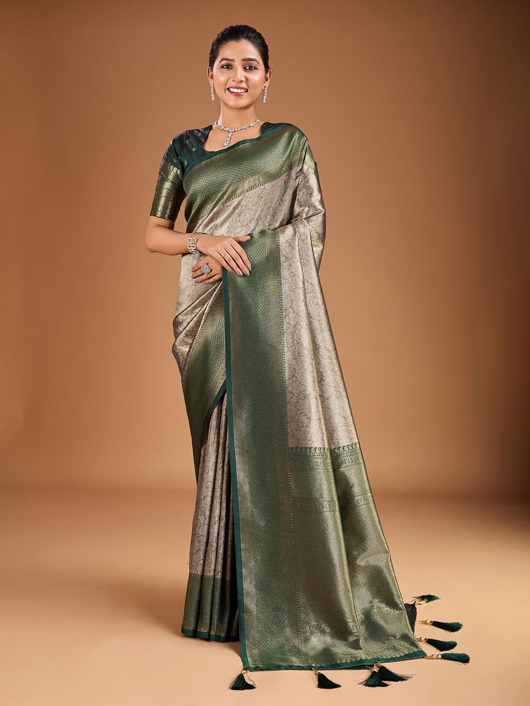 

House of Pataudi Floral Zari Woven Design Tassels Saree with Blouse Piece, Brown