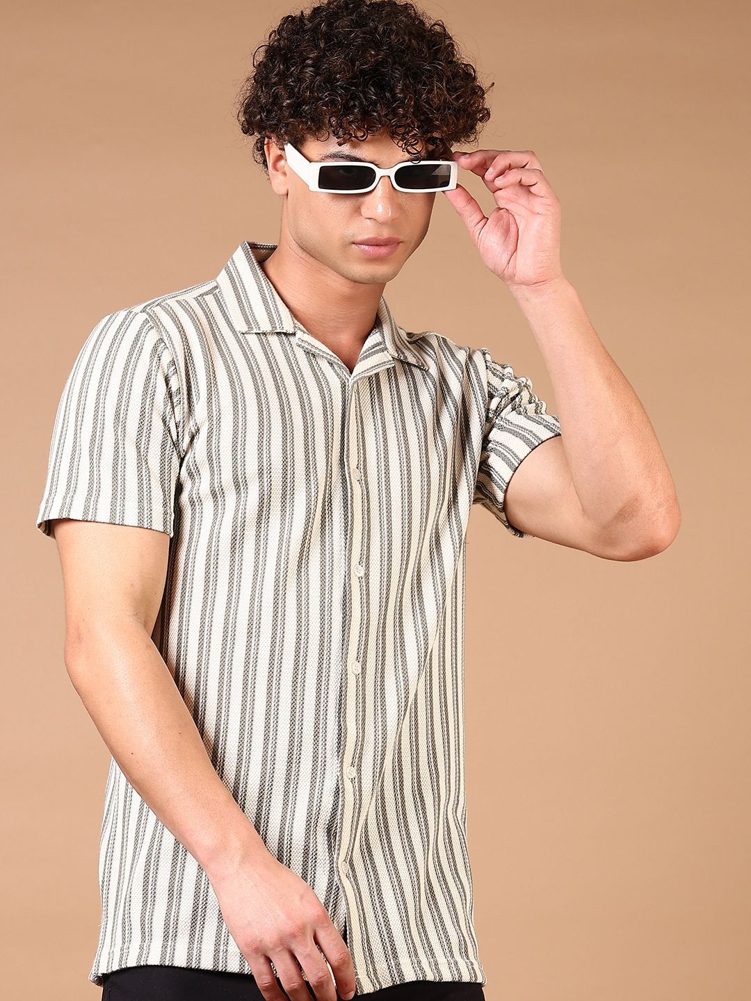 

V-Mart Men Cuban Collar Vertical Striped Cotton Casual Shirt, Olive