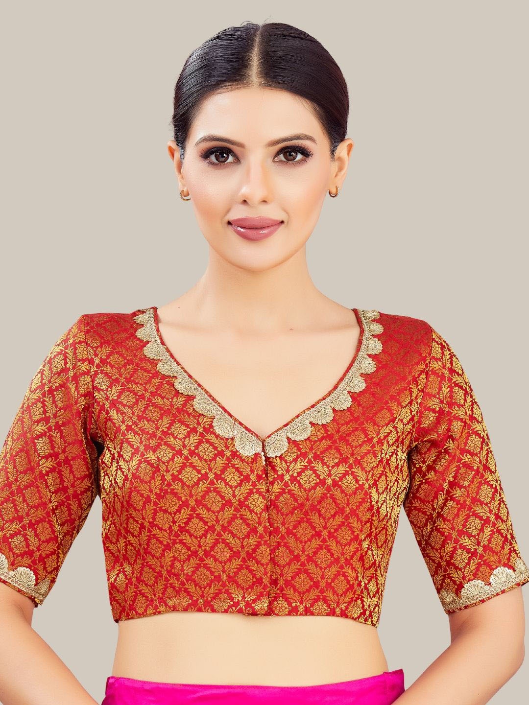 

Studio Shringaar Embroidered V-Neck Readymade Saree Blouse, Red