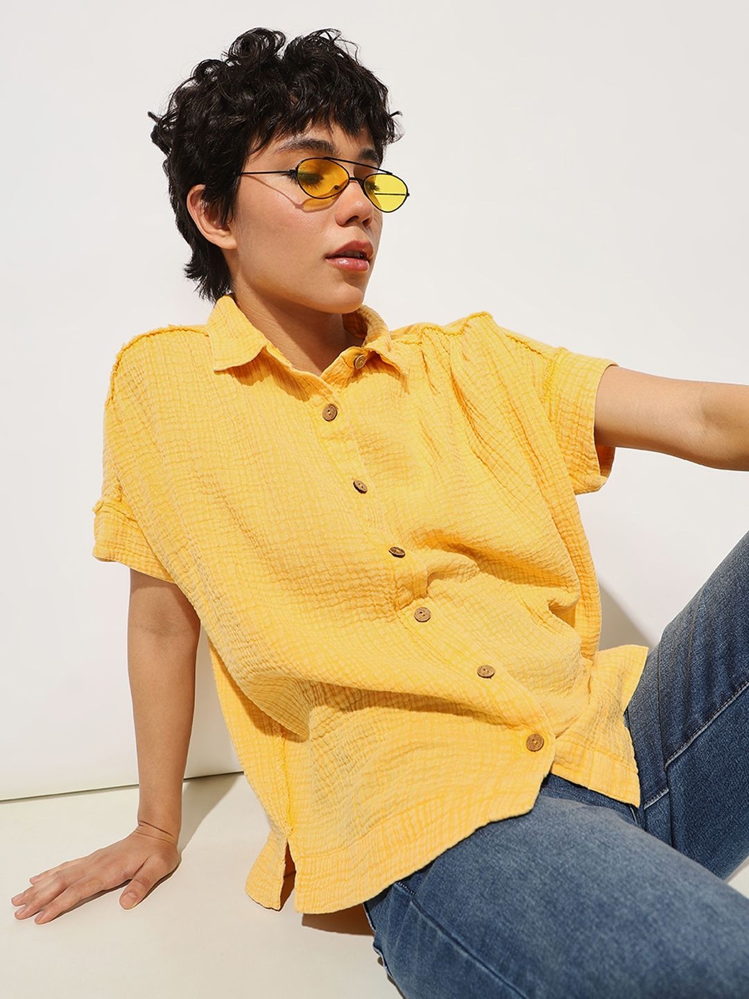 

ONLY Women Relaxed Fit Spread Collar Textured Cotton Casual Shirt, Yellow