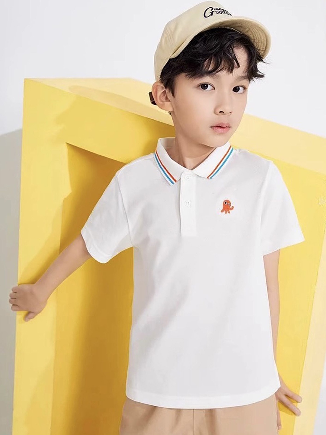 

LULU & SKY Boys Solid Polo Collar Cotton Oversized T-shirt, White