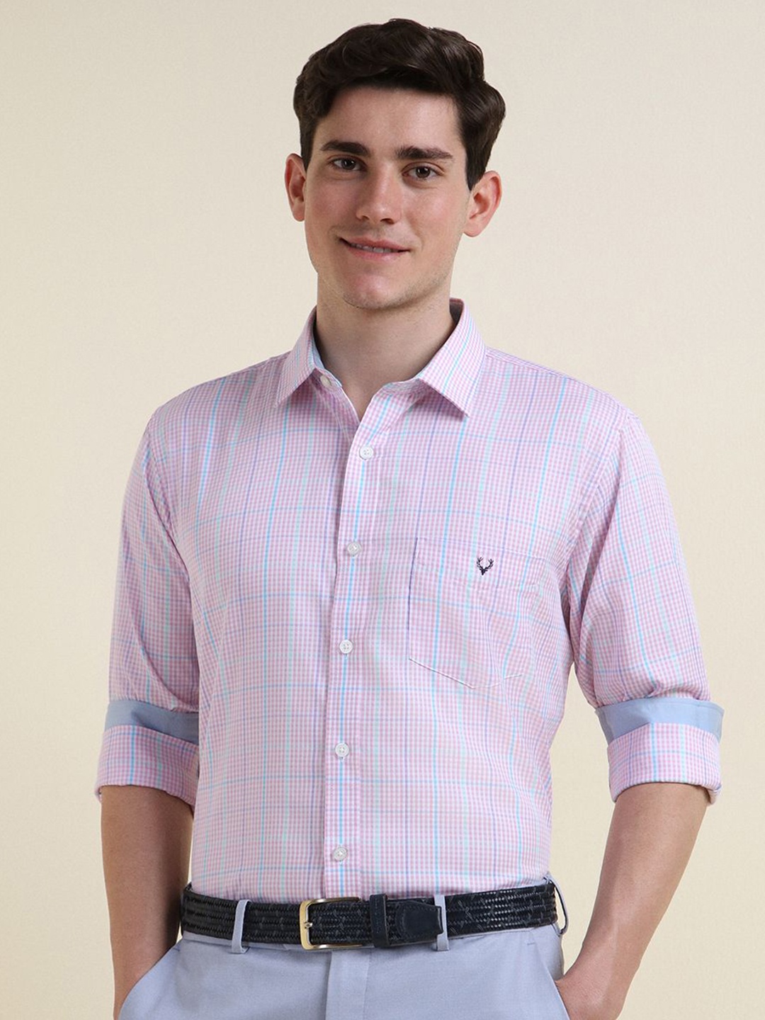 

Allen Solly Men Slim Fit Opaque Checked Formal Shirt, Pink