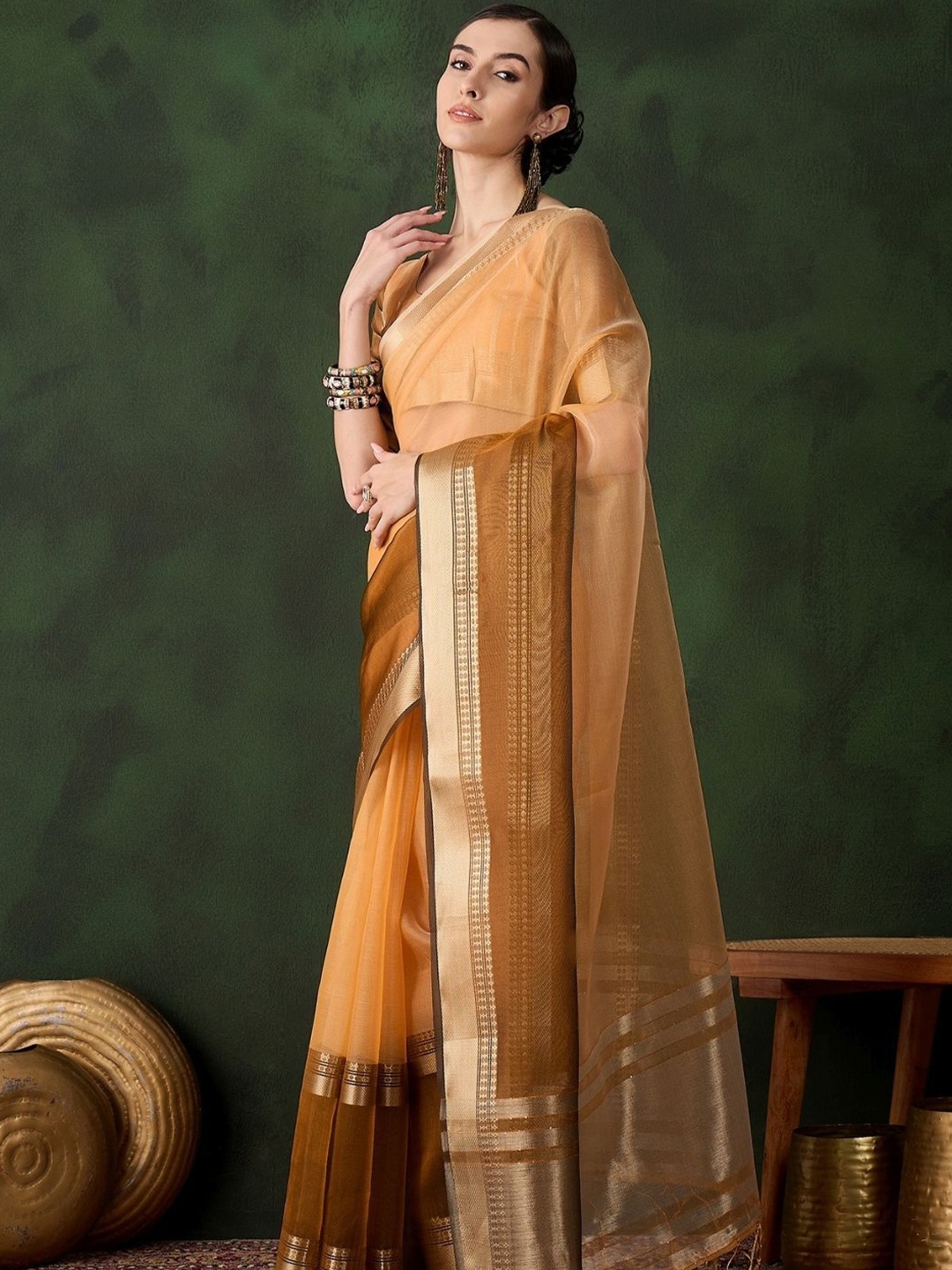 

ODETTE Yellow Organza Woven Saree With Unstitched Blouse For Women