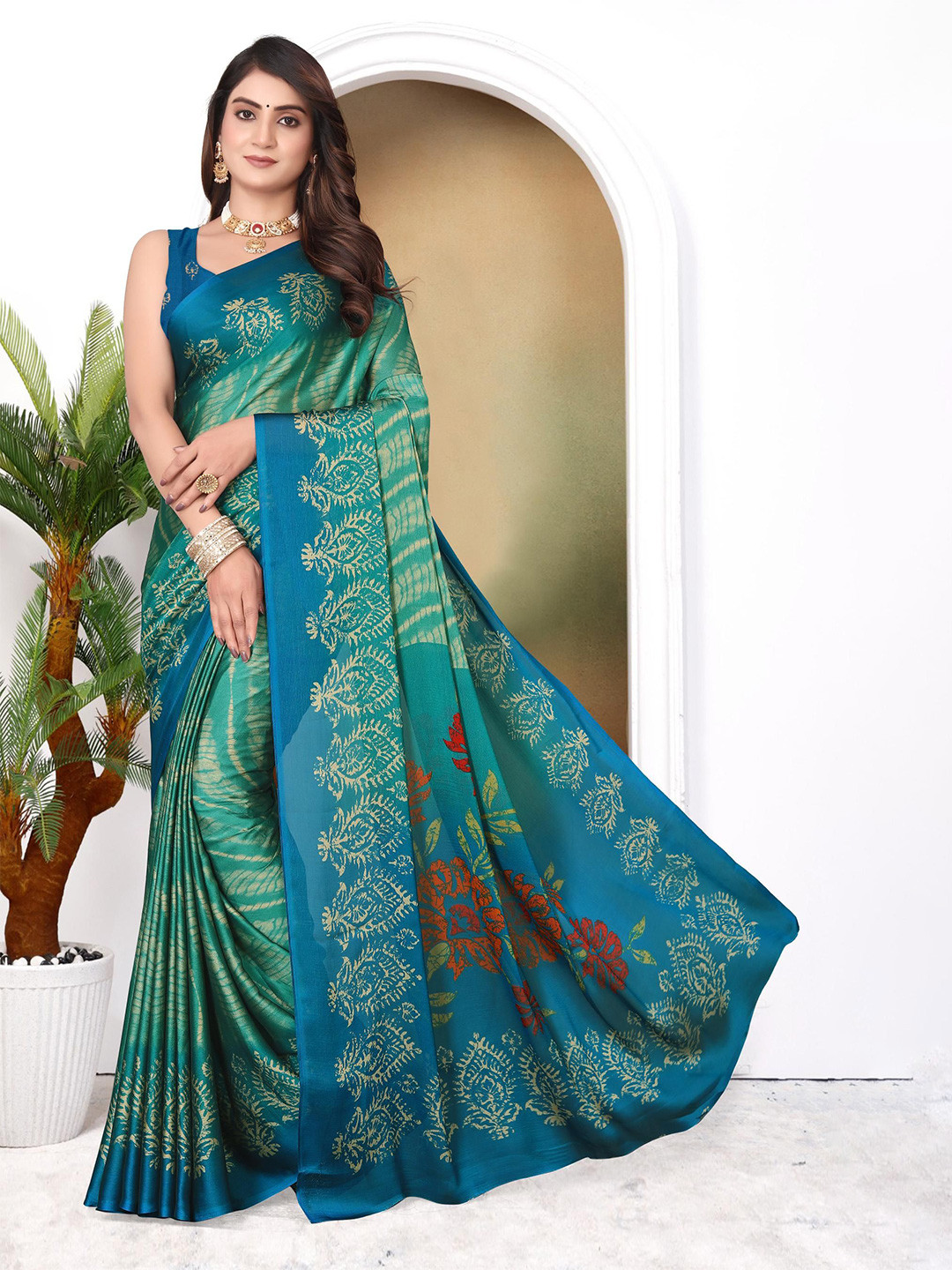 

MAGNEITTA Woven Design Printed Pure Chiffon Saree, Turquoise blue