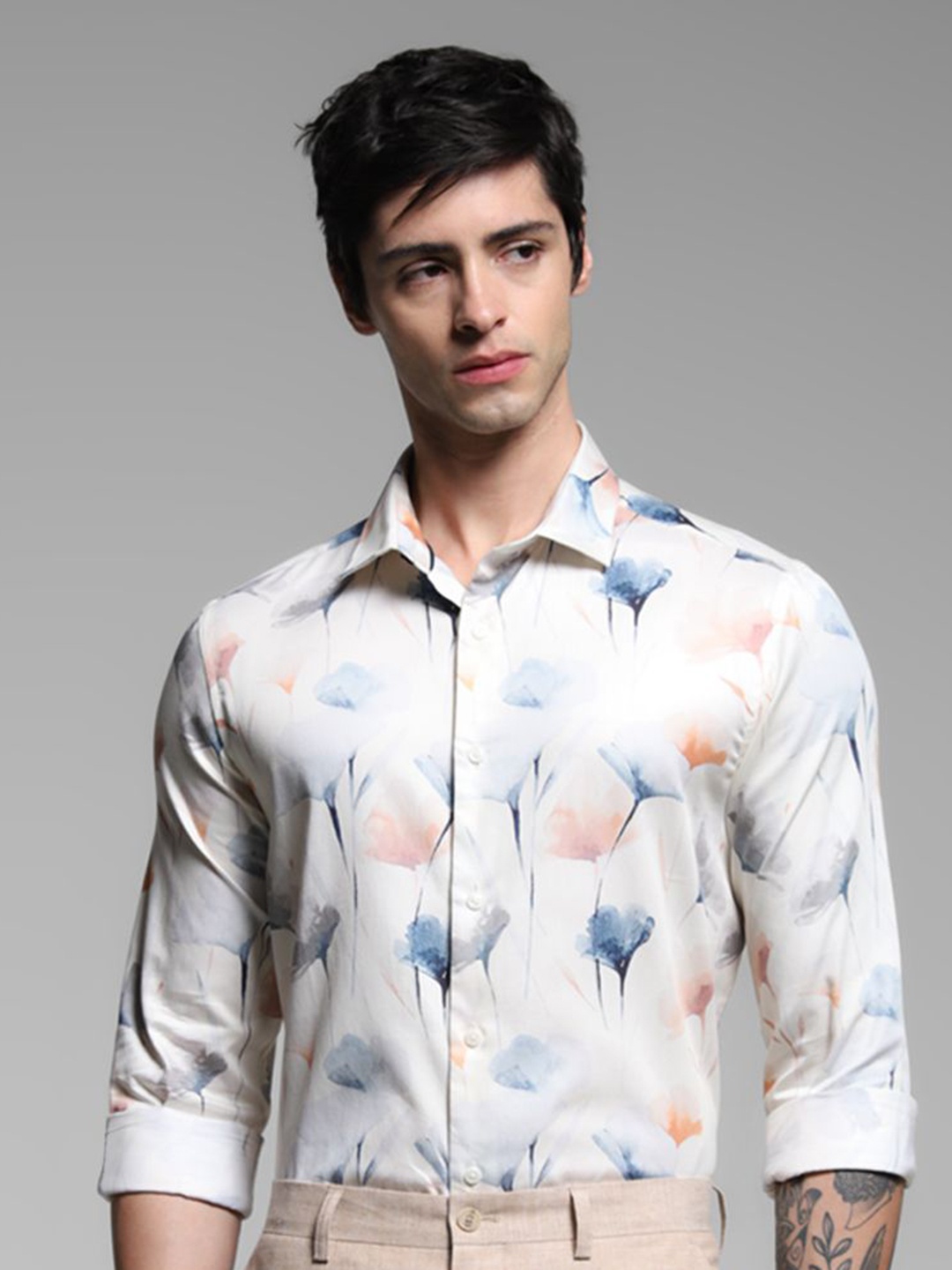 

Jack & Jones Men Slim Fit Spread Collar Floral Printed Cotton Casual Shirt, White
