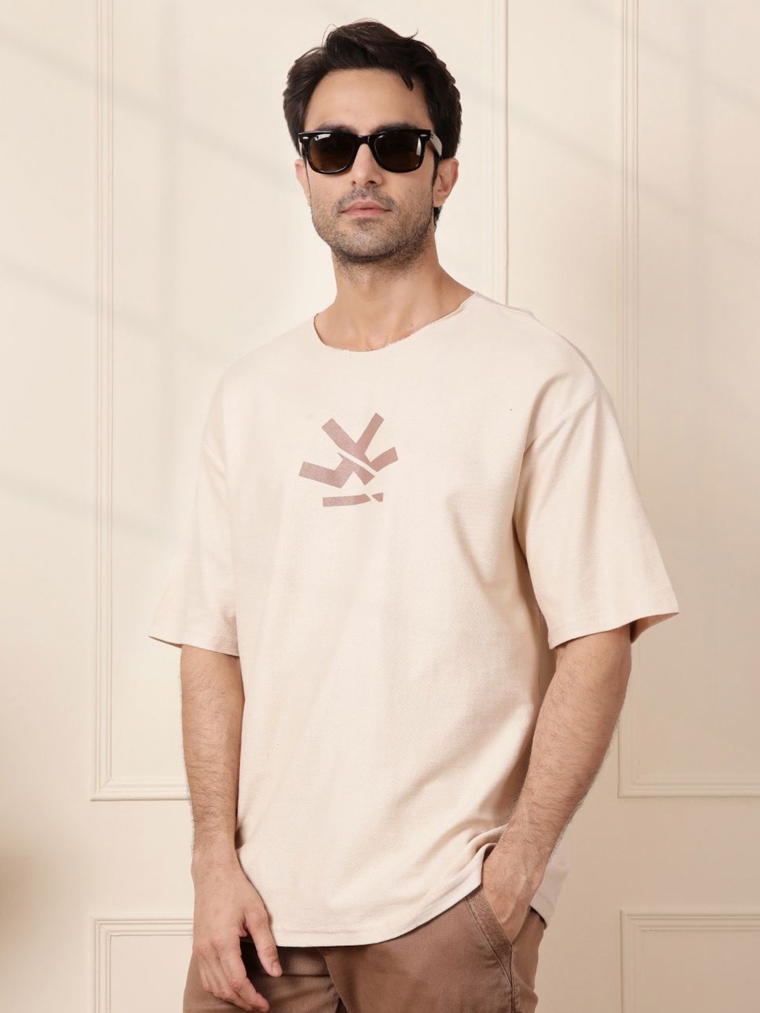 

WROGN Men Graphic Printed Round Neck Cotton Oversized T-shirt, Beige
