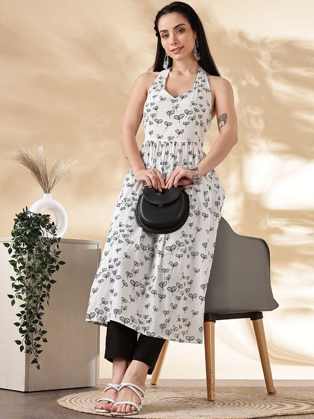 

Anouk White Floral Printed Halter Neck Pure Cotton A-Line Kurta With Trouser