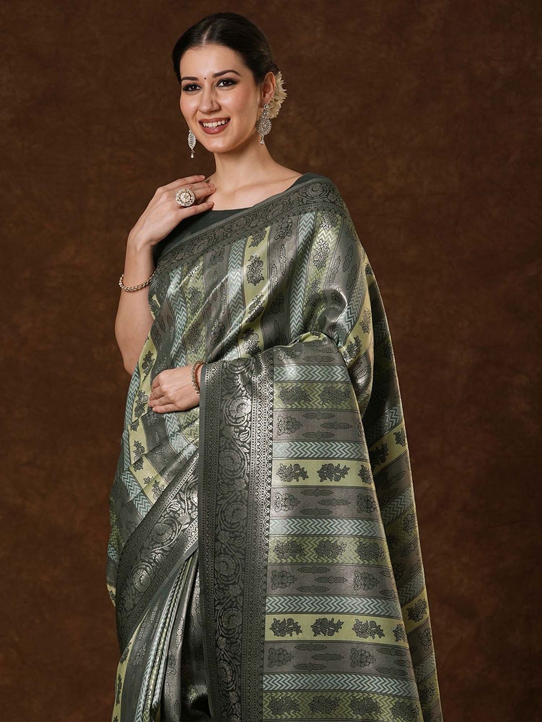 

Saree mall Floral Zari Silk Blend Kanjeevaram Sarees, Olive