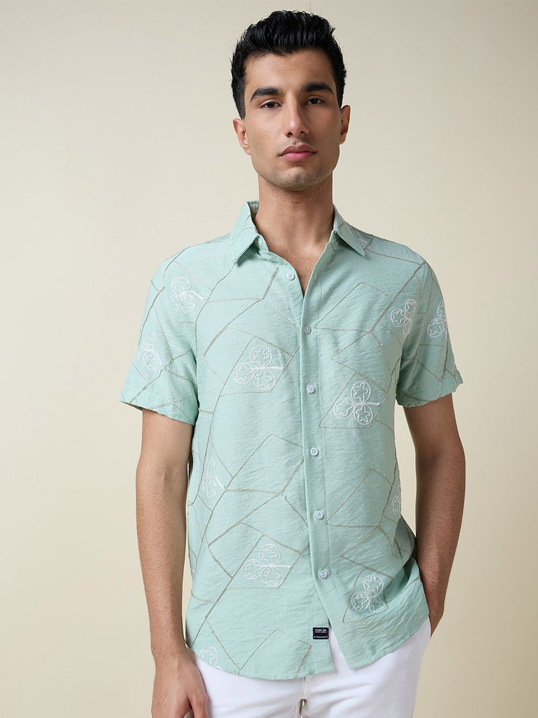 

Thomas Scott Men Embroidered Regular Fit Casual Shirt, Green