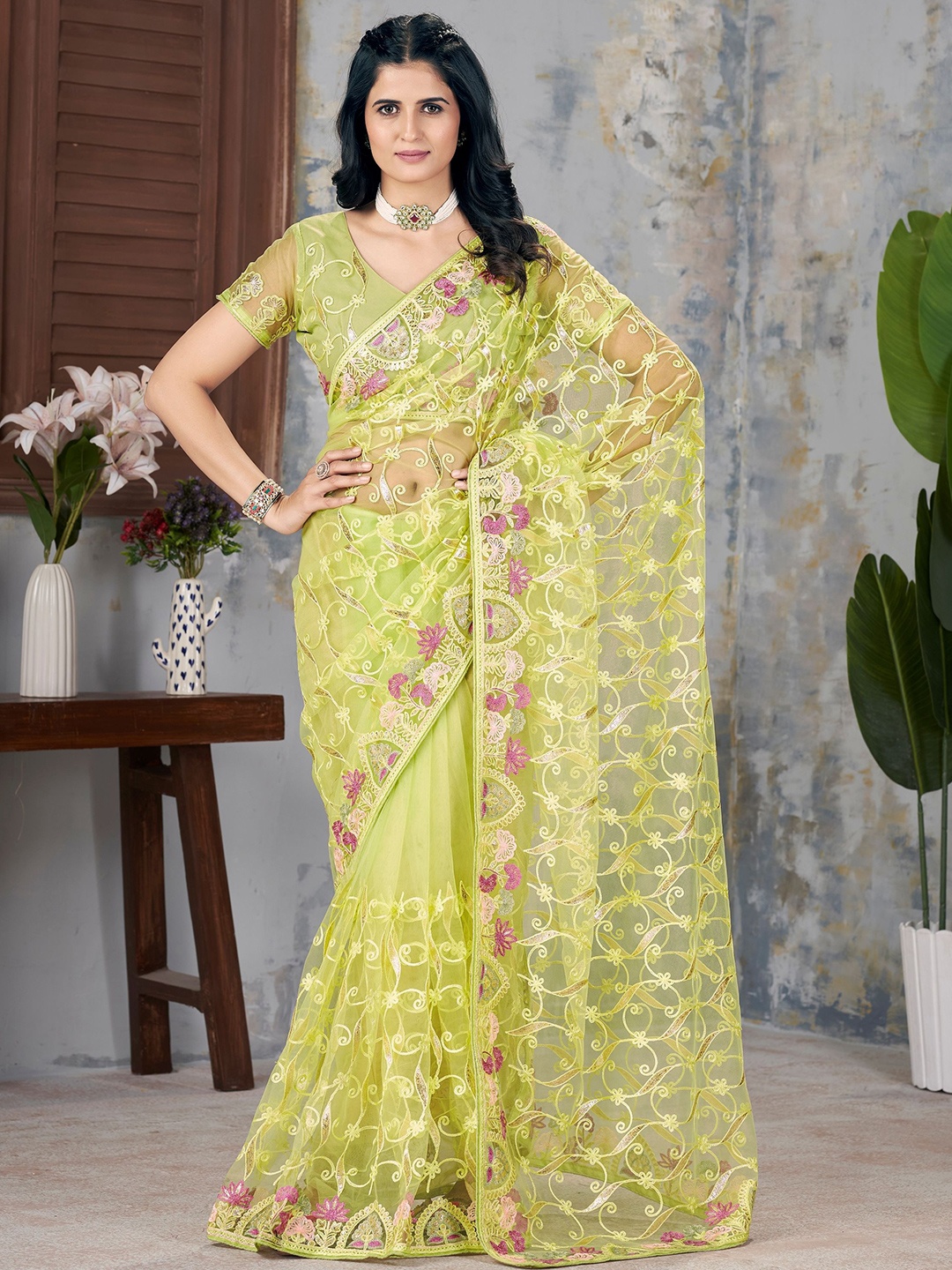 

Vintro Floral Embroidered Saree, Fluorescent green
