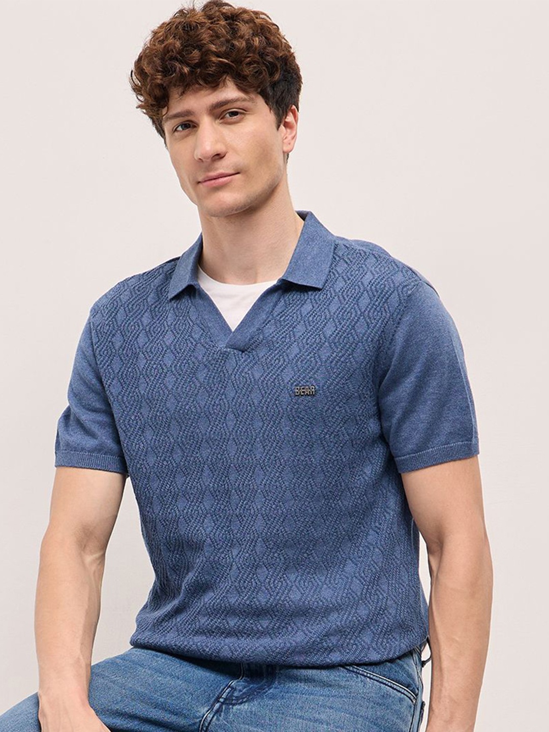 

THE BEAR HOUSE Men Self Design Polo Collar Cotton Slim Fit T-shirt, Blue