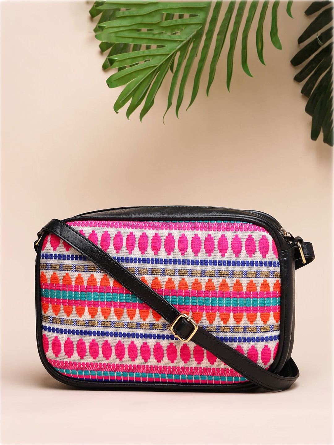 

Anouk Ethnic Motifs Printed PU Half Moon Sling Bag with Tasselled, Black