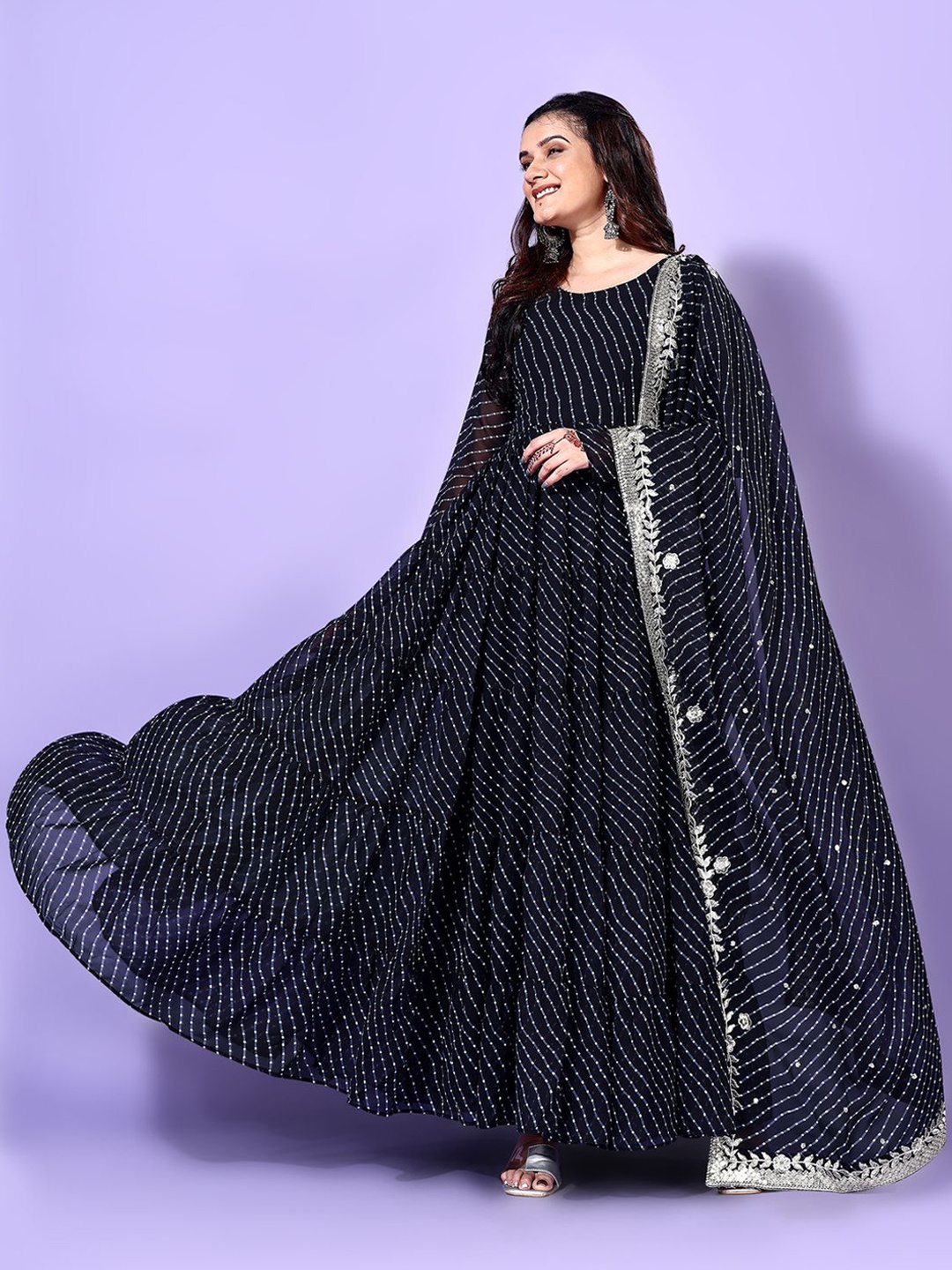 

Fashion Basket Leheriya Printed Round Neck Anarkali Kurta With Trouser And Dupatta, Black