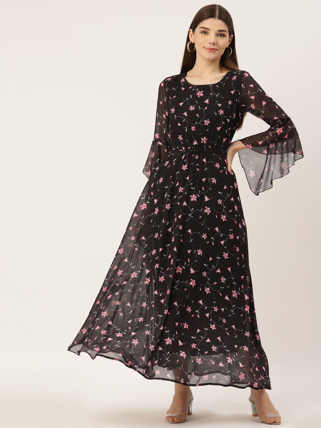 

DressBerry Floral Printed Bell Sleeves Fit & Flare Maxi Dress, Black