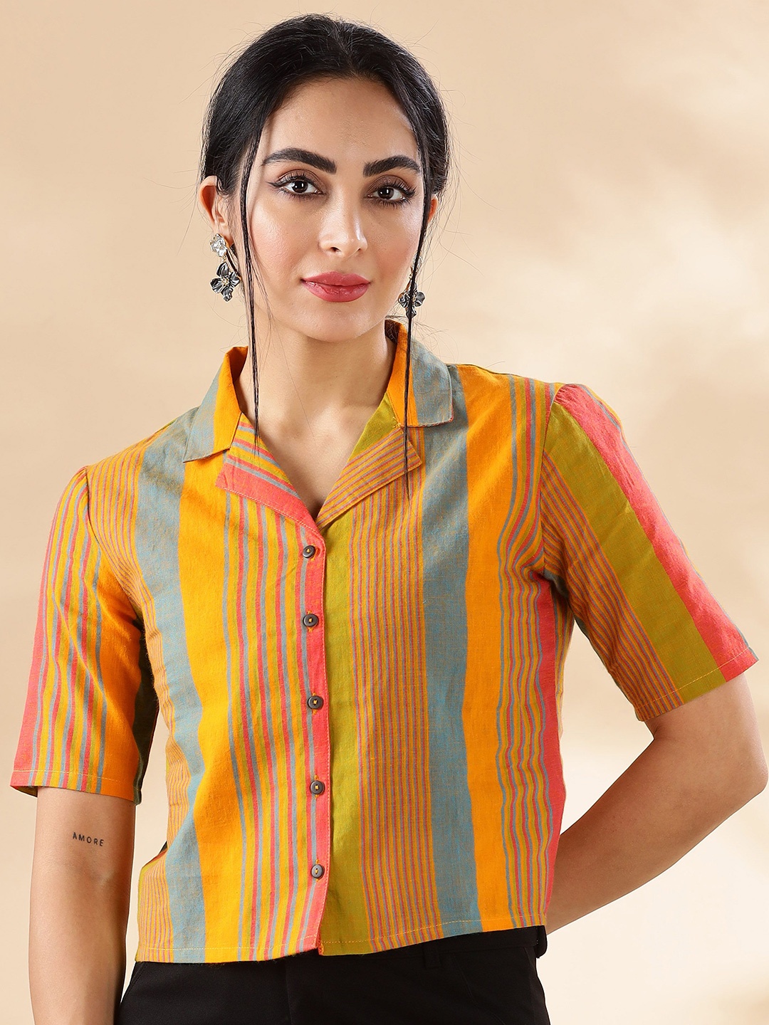 

Anouk Women Vertical Striped Cotton Boxy Fit Crop Casual Shirt, Orange