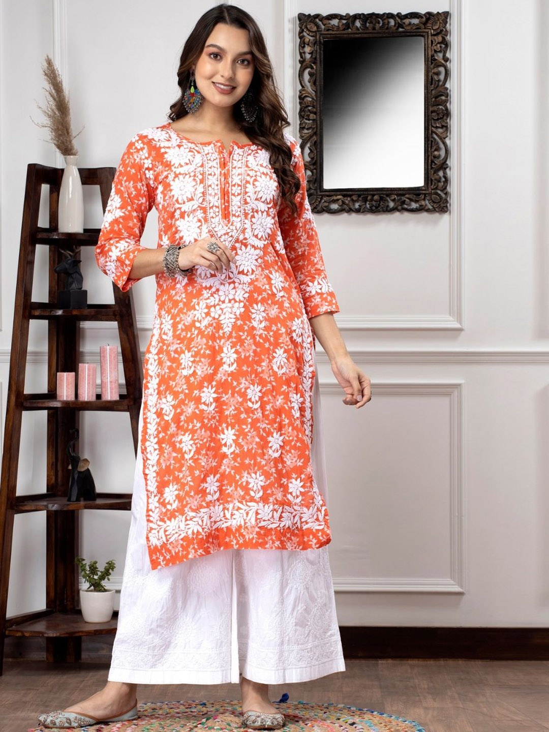 

PARAMOUNT CHIKAN Floral Lucknowi Chikankari Notch Neck Straight Kurta, Orange