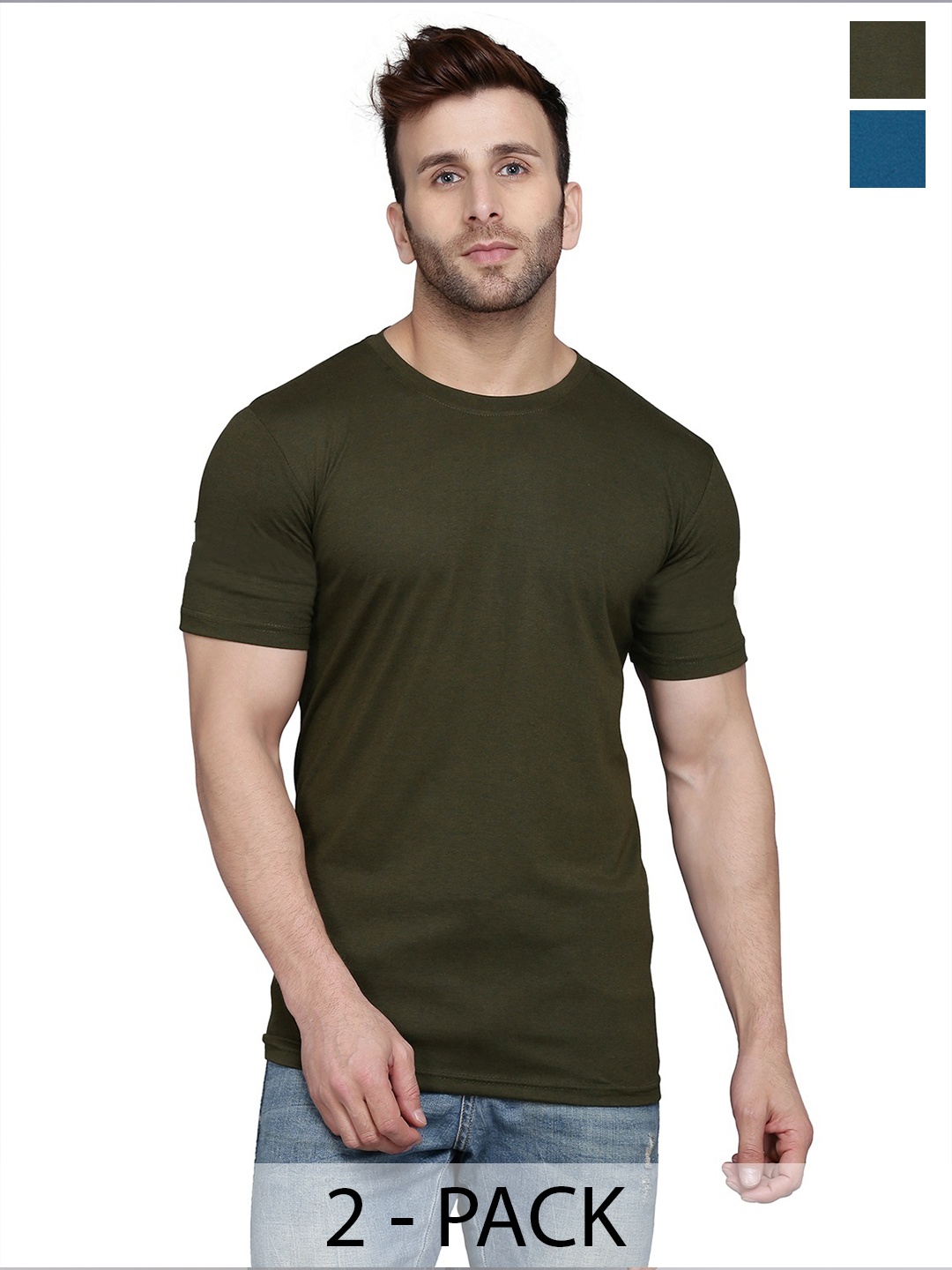 

WOOSTRO Men Pack Of 2 Solid Round Neck Cotton Slim Fit T-shirts, Olive