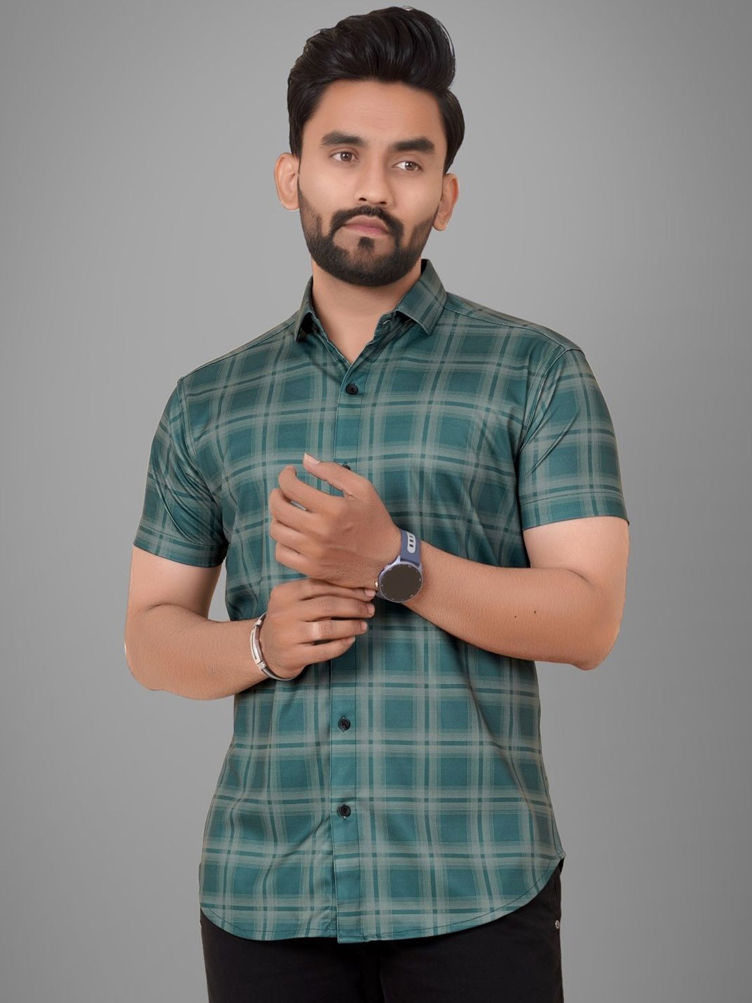 

Metronaut Men Regular Fit Spread Collar Checked Elastane Casual Shirt, Olive