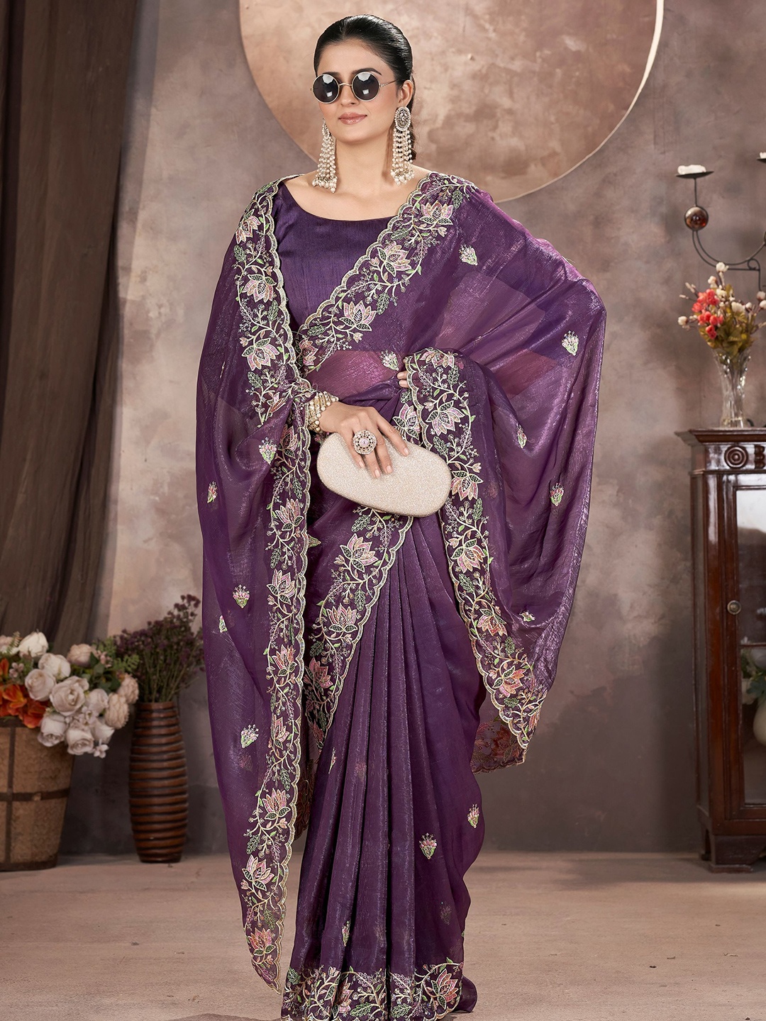 

Vintro Embellished Embroidered Saree, Purple