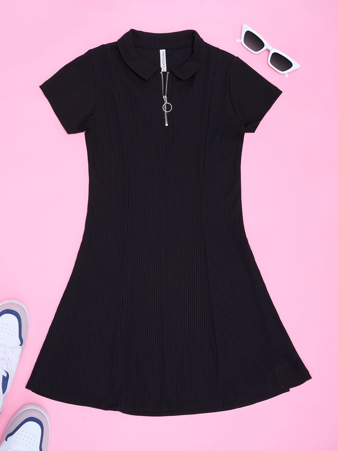 

Pantaloons Junior Girl Shirt Collar A-Line Ready to Wear Dress, Black