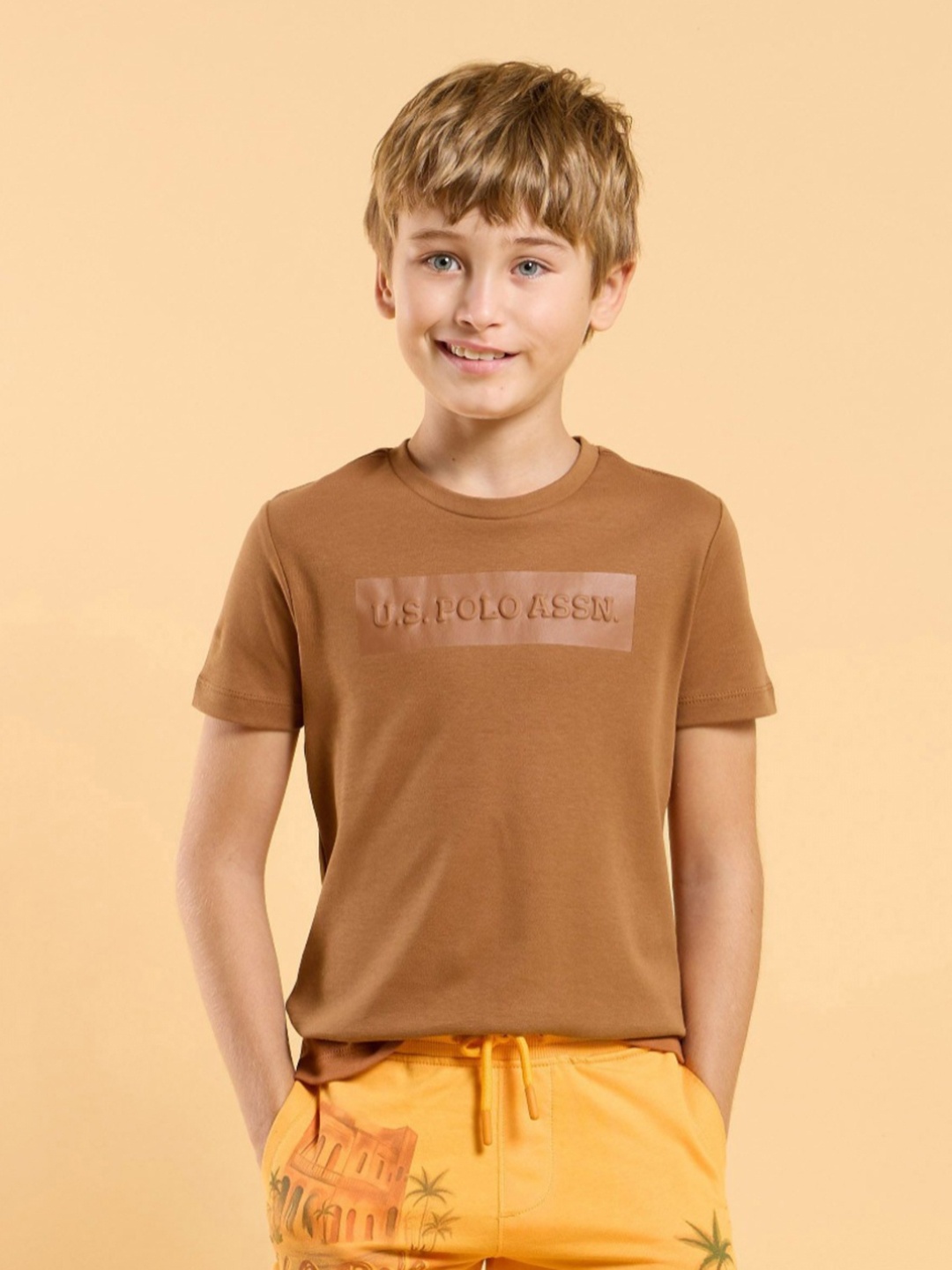 

U.S. Polo Assn. Kids Boys Typography Printed Round Neck Cotton T-shirt, Brown