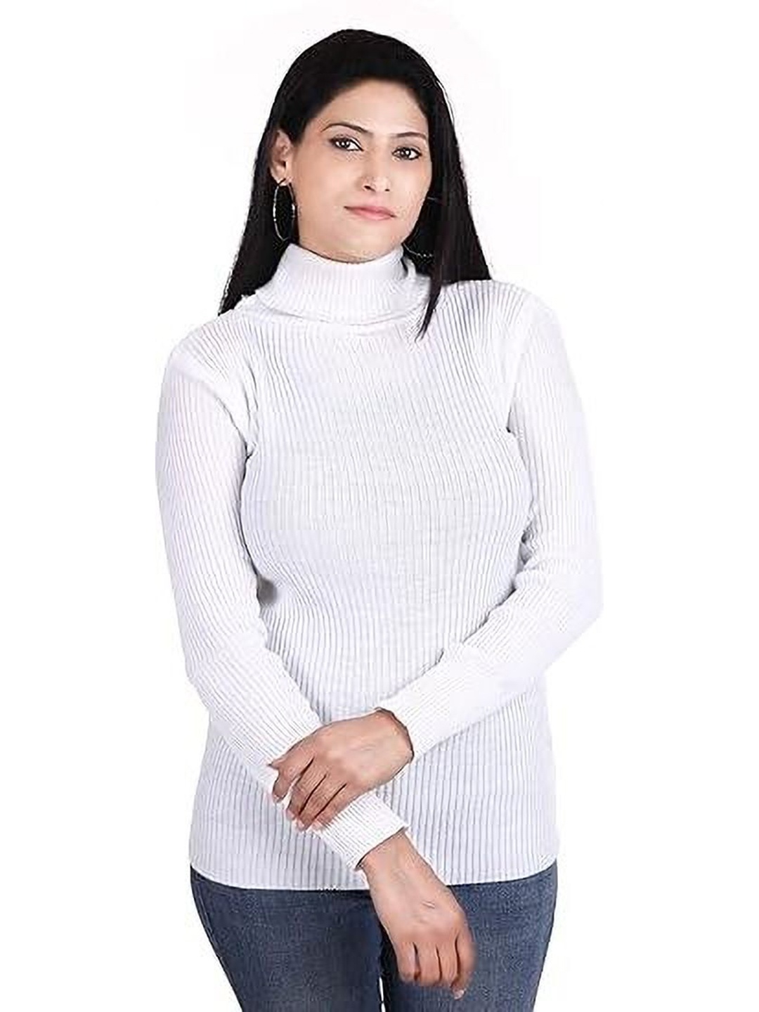 

SRISARAS Women Self Design Turtle Neck Cotton Relaxed Fit T-shirt, White