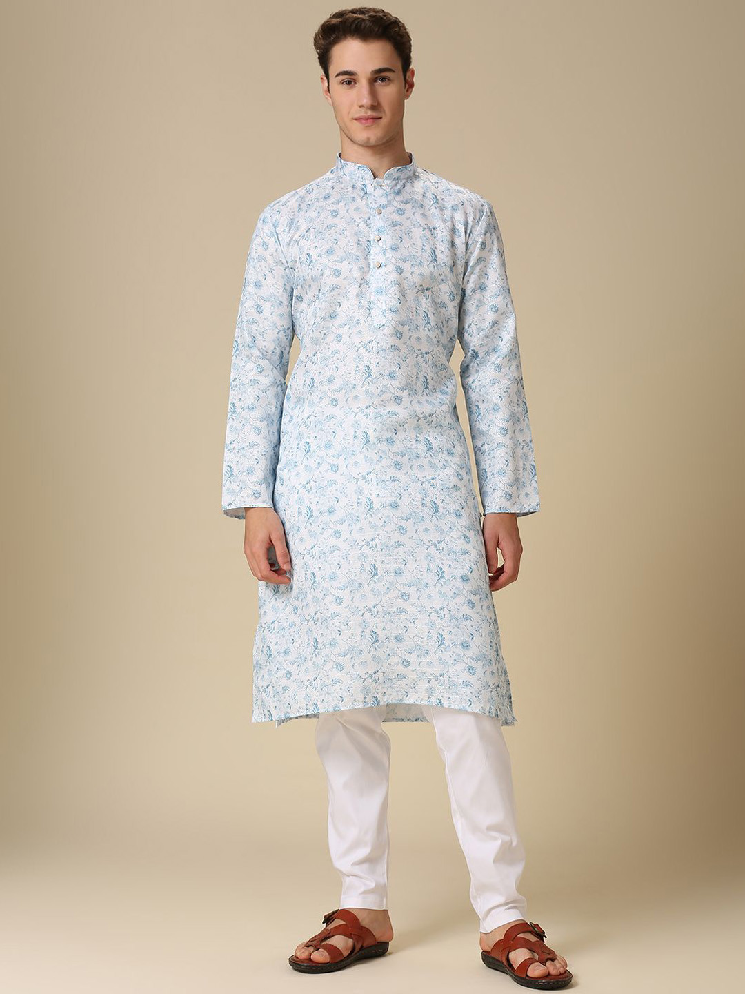 

RAJUBHAI HARGOVINDAS Floral Printed Mandarin Collar Straight Kurta, Blue