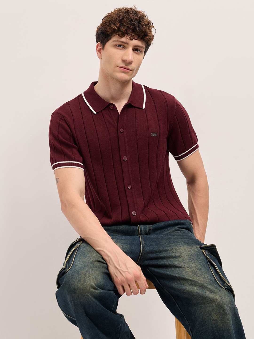 

THE BEAR HOUSE Men Striped Polo Collar Cotton Shirt, Maroon