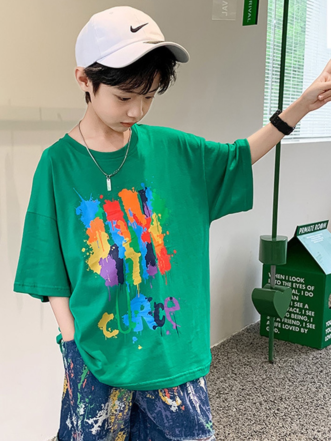 

LULU & SKY Boys Graphic Printed Round Neck Cotton Oversized T-shirt, Green