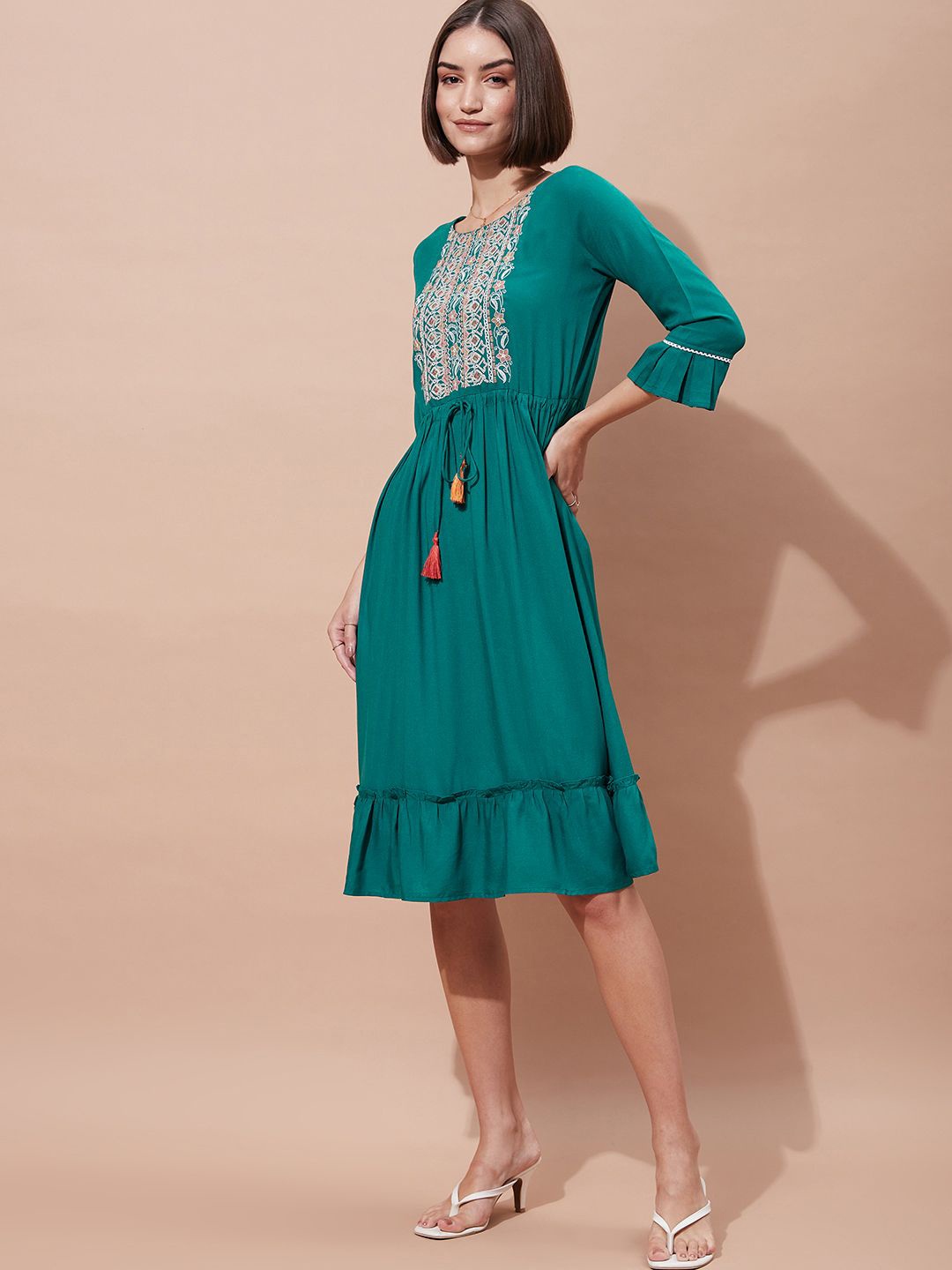 

all about you Women Floral Embroidered Fit & Flare Dress, Teal