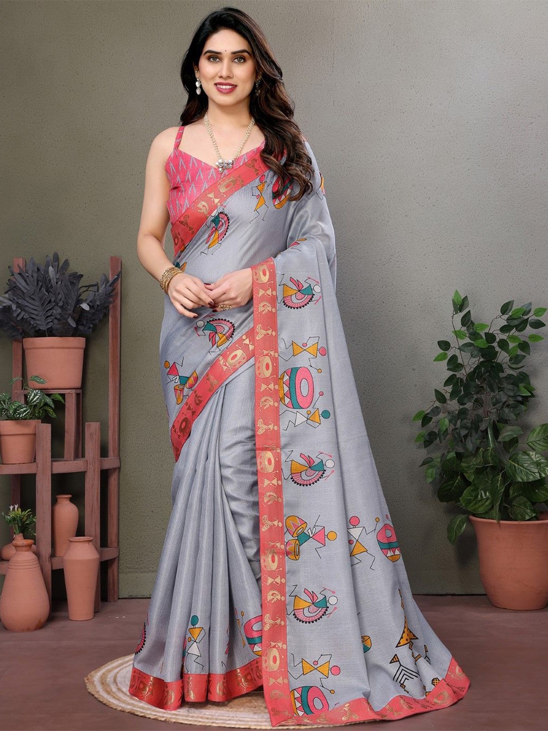 

KALINI Warli Printed Saree, Grey